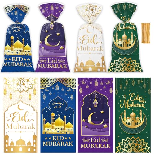 Eid Mubarak Party Treat Bags - 120 Pcs Ramadan Goodie Candy Cellophane Treat Bags Eid Al Fitr Muslim Castle Moon Star Party Supplies for Muslim Islamic Ramadan Kareem Decorations