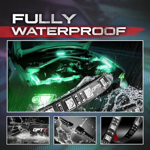 OPT7 Aura Engine Bay RGB LED Lighting Kit with Remote Control, 4 pc 12\" Under Hood LED Light Strips, Multi Color Mode, Exterior Neon Accent Lights for Car Truck RV SUV