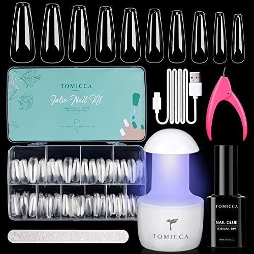 TOMICCA Capsule Americaine Ongle, 500 PCS Capsules Ballerine Long, Lampe UV Portable & Colle 15ML, Kit Gel Nail Complet