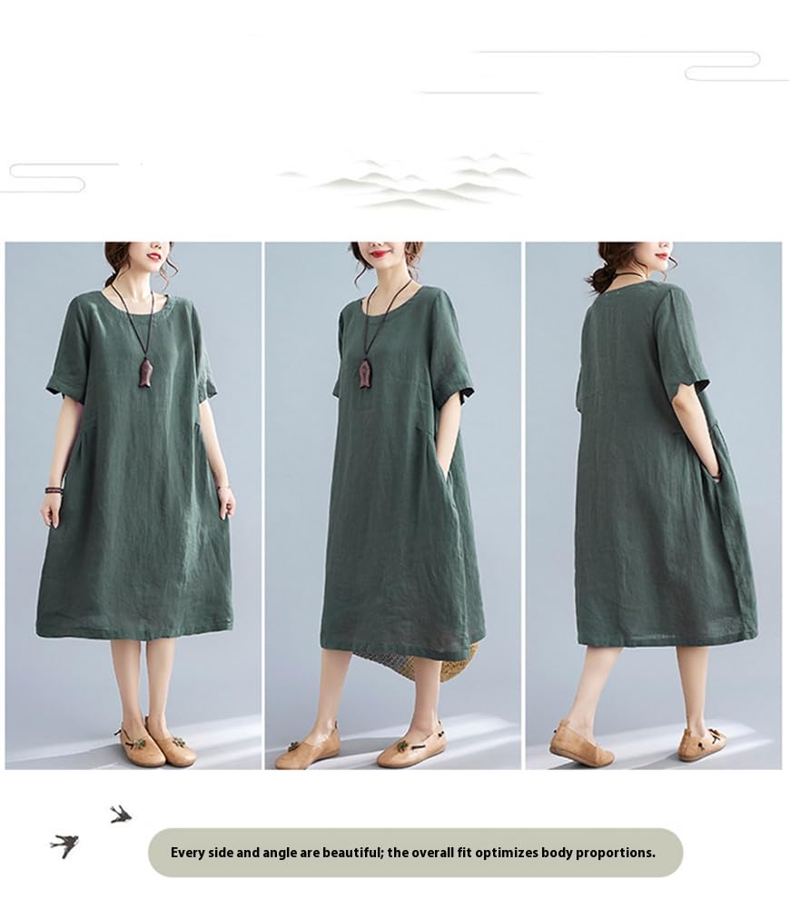 Giapponese Semplice Cotone Lino Donne Vestito Girocollo Allentato A-Line Orlo Gonna per Regalo Mamma