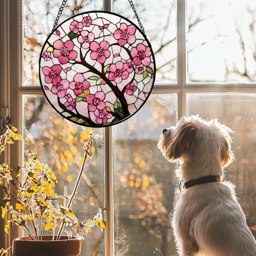 CRISGIF Stained Glass Window Hanging - Cherry Blossoms Birth Flower Suncatcher for Door Garden Patio Sun Catchers Decor Christmas Mother's Day Birthday Gifts for Women Mom Nana Friend Wife 6.3 in by CRISGIF - Used condition - Image 2