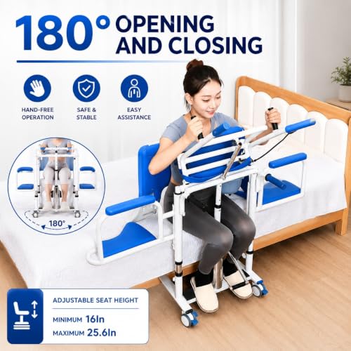 Image of Hydraulic Patient Lift,Transfer wheel chair for Seniors Elders with Height Adjustable 150kg Capacity Portable Shower Chair -Rolling Wheels, Removable Bucket, Fits Indian,Western Toilets