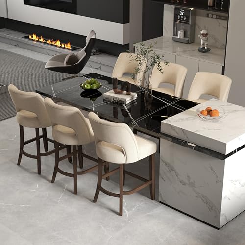 Image of VKNOW Bar Stools Set of 6, 26 inch Upholstered Counter Height Bar Stools, Modern Counter Stools with Wood Legs for Kitchen Island Dining Room Bar, Beige