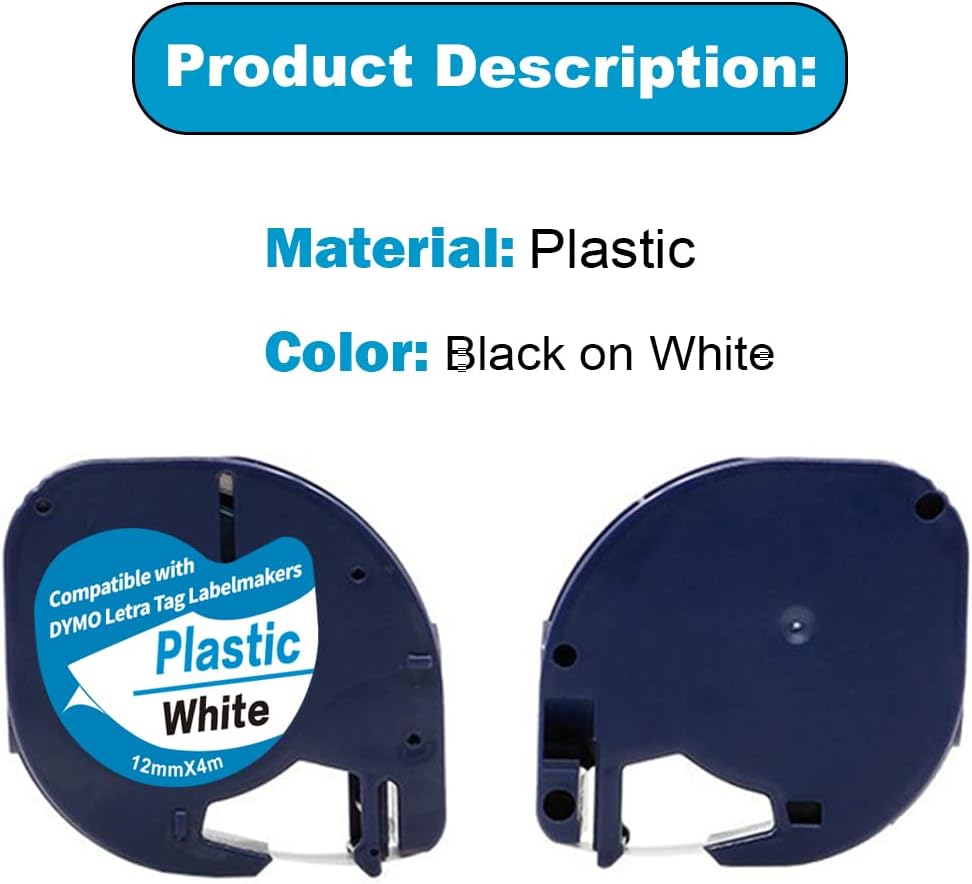 Label Tape Replace for DYMO Letra Tag Refills 91201 91331 S0721660 White Plastic 12mm x 4m (1/2" x 13'), for Dymo LetraTag LT200B Plus LT100H LT100T QX50 XR XM Label Maker, 10-Pack - Image 5