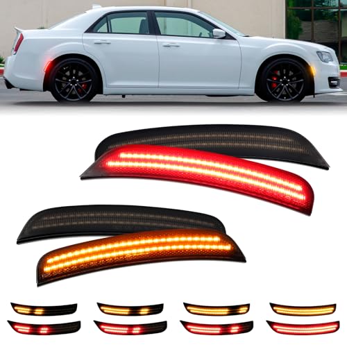 FetonAuto Dynamic Amber Red LED Side Marker Lights For Chrysler 300 2015 2016 2017 2018 2019 2020 2021 2022 2023 Front Rear Bumper Fender Smoked Lens Sidemarker Lamp Accessories