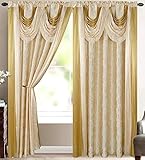 V Bella Luxury Jacquard Curtain Panel with Attached Waterfall Valance & Scarf 54 by 84-Inch Beige