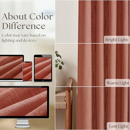 Image of Firebrick Pleated Linen Curtains 96 Inches Long for Living Room 2 Panel Set Semi Sheer Light Filtering Pinch Pleat with Rings Hooks Drapes Farmhouse Rustic Terracotta Red Clay Curtain Bedroom Window