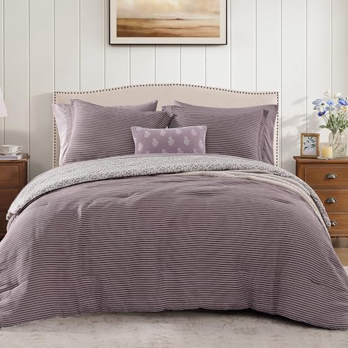 Image of BLOOMHAVEN Queen Comforter Set - 7 Pieces Deep Purple Bedding Sets for All Seasons, Lightweight Breathable Bed in a Bag Queen with Revesible Farmhouse Comforter, Sheets, Pillowcases & Shams