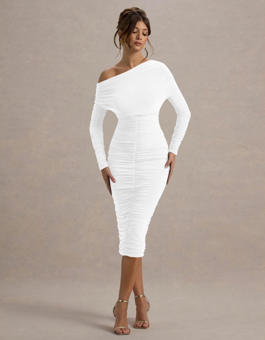 LAGSHIAN Women's Elegant Bodycon Long Sleeve Midi Dress Fall Off The Shoulder Ruched Cocktail Party Dresses - Image 4