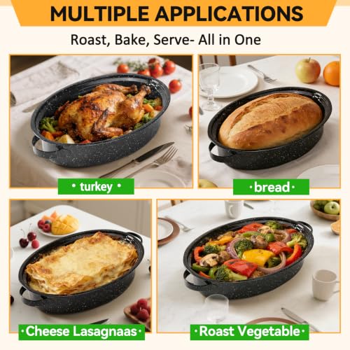 15.4” Roasting Pan With Lid, Oval Roaster Pan, Medium Enameled Roast Pan For Turkey, Chicken, Lamb, Beef Vegetables, Casserole, Lasagna, Sourdough Bread - Image 3