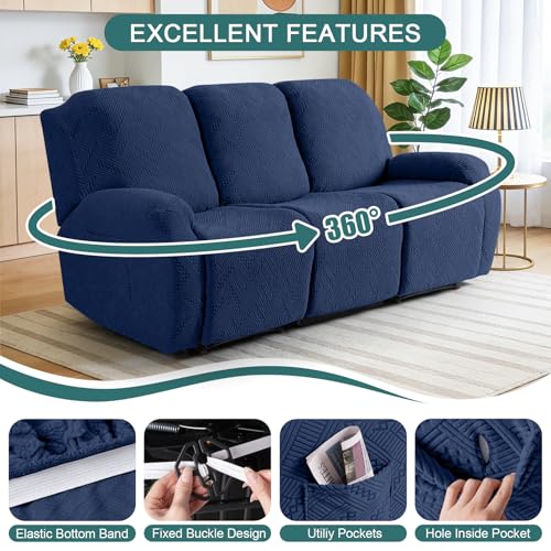 Image of Ruaozz Recliner Sofa Covers Recliner Chair Covers Couch Covers for Reclining Couches with Pockets Washable Furniture Protector with Elastic Bottom (3 Seater, Dark Blue)