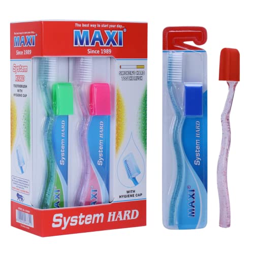 Image of MAXI System Hard Toothbrush for Adults | Deep Plaque & Stain Removal | Anti-Bacterial Travel Cap | Manual Big Head Hard Bristles Tooth Brush | Multicolor Pack of 12