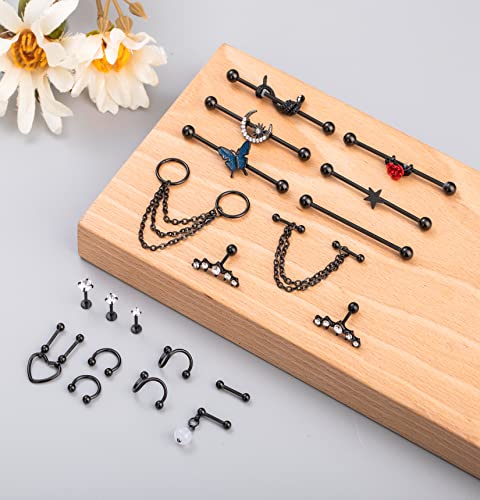 Niceight 20Pcs 316L Stainless Steel Industrial Barbell Earring Cartilage Earring Helix Tragus Studs Conch Daith Piercing Jewelry B #TOP2