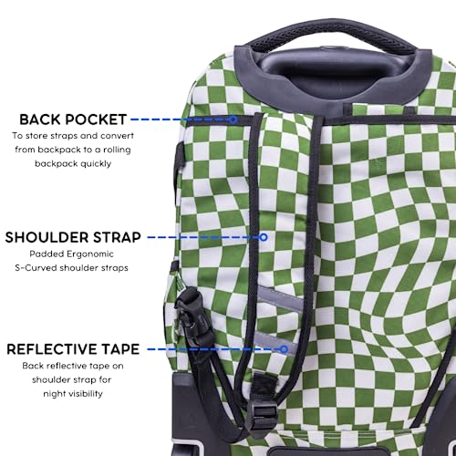 Image of J World Lunar Rolling Backpack. Laptop Bag With Wheels. Wheeled Carry-On Travel Luggage, Matcha Checkers, 19.5 x 13 x 8 Inches