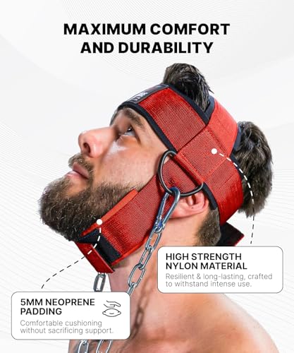 Image of RACE Neck and Head Strengthening Equipment Weight Harness Thick Padded Adjustable Strap with Heavy Duty Steel Chain & Rings for Gym Crossfit Fitness Training Injury Rehab (Red)