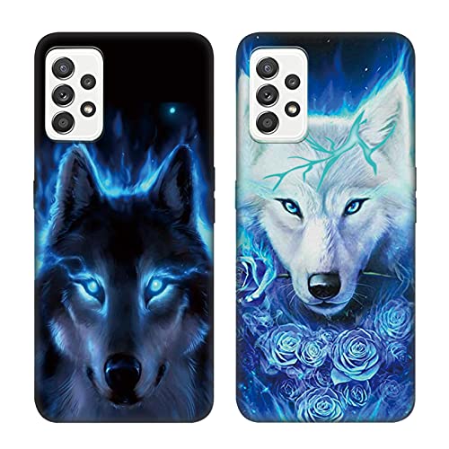 Tveinan 2 Pack Coque Silicone Compatible avec Samsung Galaxy A52 5G 4G / A52S 5G, Case Mince Souple TPU Protection, Housse de Noir Motif, Anti-Rayures Antichoc Etui pour Filles Femme - Loup Cover