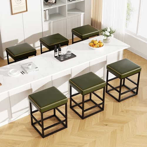 Image of Bar Stools Set of 6, 24in Counter Height Barstools, Faux Leather Counter Stools with Thick Square Seats & Sturdy Metal Base, Modern Bar Chairs for Kitchen Island (Green)