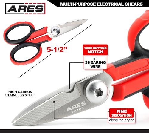 Image of ARES 70105-5 1 /2-Inch Multi-Purpose Heavy Duty Shears - Finely Serrated High Carbon Stainless Steel Blades - Cuts Wire, Insulation, Soft Cable and More