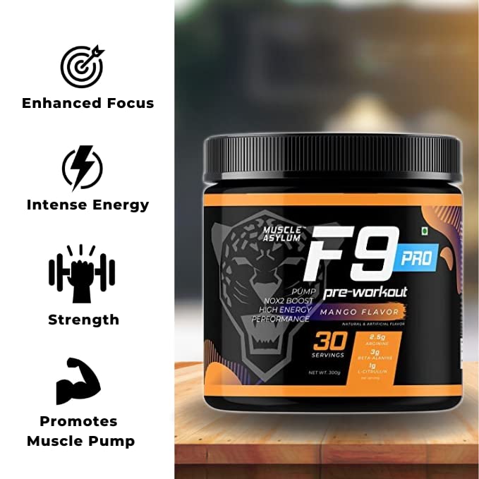 Image of Muscle Asylum F9 Pro Pre-Workout - 30 Servings, 300 Gm (Mango), Powder
