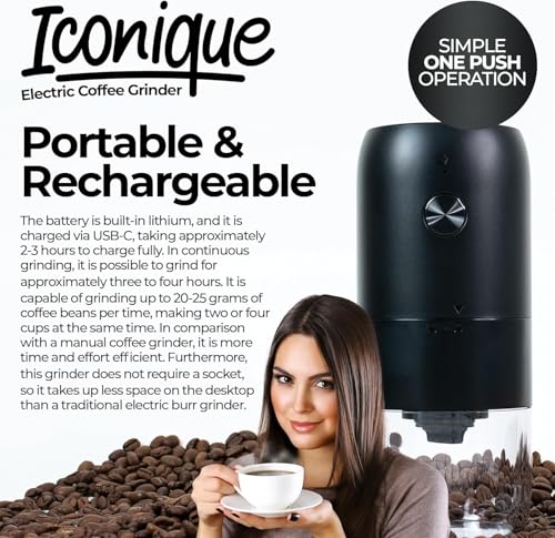 Iconique Portable Electric Automatic Coffee Grinder | Compact Burr, Grind Adjustment, Multi-Grind for Coffee, Spices, Nuts | 25g Capacity | USB-C Charger Included - Image 2