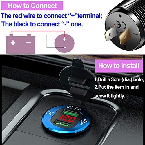 Quick Charge 3.0 USB Charger Socket Dual USB Car Power Outlet Waterproof Marine Cigarette Lighter Adapter 36W Fast Charge with LED Voltmeter for 12V/24V Boat Motorcycle ATV Bus Truck (Black)