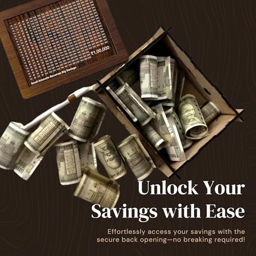 Image of CAAJU Money Bank with Amount 100000 Piggy Bank for Girls and Boys - Carved Wooden Money Saving Box - Birthday - Money Box Gullak for Adults
