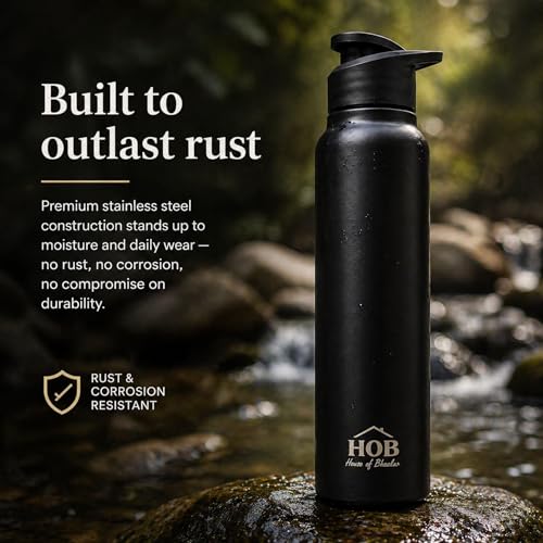 Image of HOB Stainless Steel Water Bottle 1 Litre | Flip Lid Sipper | Leak Proof | BPA Free | Rust Proof | For School, Gym, Office, Travel | Water Bottle for Kids & Adults | 1000ml | (1, Black, Flip Sipper)