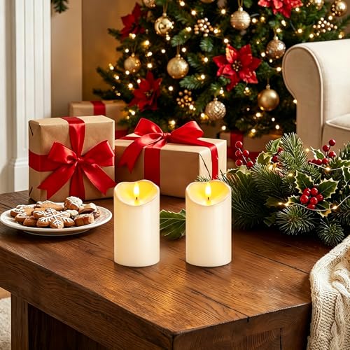 Image of Raycare 5 inchx3 inch Outdoor Waterproof Flameless Candles with Remote and Timer, Battery Operated LED Electric Fake Pillar Candle for Home Wedding Decor, Ivory White, Set of 2