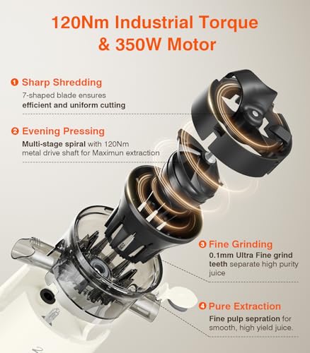 Cold Press Juicer, Zasmira Juicer Machines with Large Feeding Chute, Powerful Slow Juicer with Pulp Seperation, 99.6% Juice Purity, Easy to Clean, White