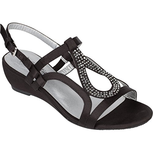 Sol Mia Women's Low Wedge Dress Sandals Open Toe Rhinestone Formal Wedding Shoes, Black, 6.5 B(M)