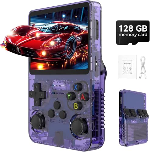Retro Handheld Game Console 3.5in IPS 128GB Preloaded with 40000+Classic Games Purple Portable Game Console 30+ Emulator Linux System 3000mah Rechargeable Battery
