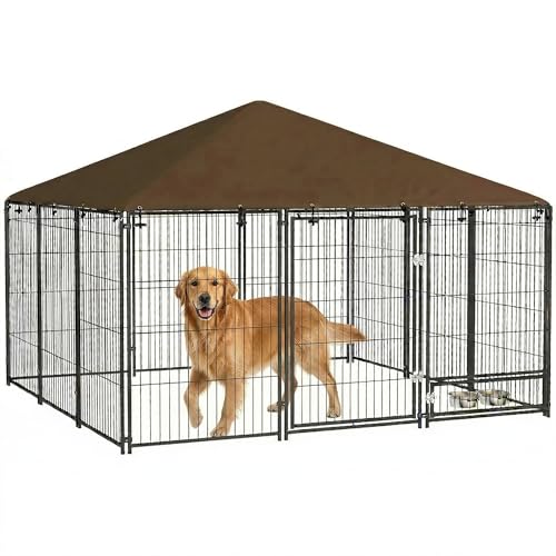 PawHut Recinto per Cani da Esterno, Box per Cani in Acciaio 211x211x151 cm con Tetto Anti-UV, Impermeabile, Ciotola Girevole, Kennel Recinzione Spazioso per Cuccioli, Giardino, Nero e Marrone