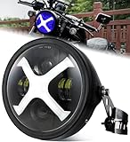 HENGTUAOTO 7inch X-Style White/Blue DRL Motorcycle Headlight with Headlight Housing Bucket Mount Brackets Compatible with CB400 CB1300 Vulcan custom XS650 Chopper Cafe Racer Bob