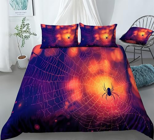 REALIN Cartoon Halloween Decoration Bedding Spider Halloween Prints Duvet Cover Set Girl Boy Kids Bed Sets 3/4PCS Quilt Covers/Sheets/Pillow Shams,Twin/Full/Queen/King (A,Full-200x229cm-3PCS)
