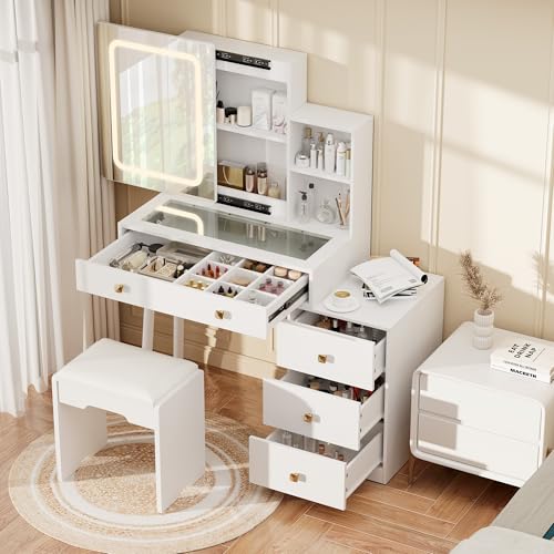 KAMABOKO Vanity Desk with Sliding Mirror and Lights, Makeup Vanity Table with 4 Drawers & Storage Rack &Power Outlet & Stool, White Dressing Table with Glass Transparent Top for Bedroom