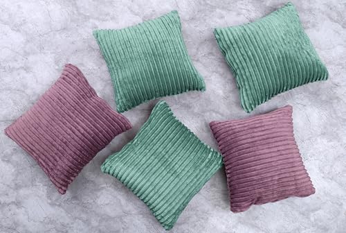 Image of Yellow Weaves Pencil-Stripe Fur Cushion Covers | Soft Polyester | Decorative Sofa & Throw Pillow Covers | 16x16 Inches, Pack of 5 (Purple & Sea Green)