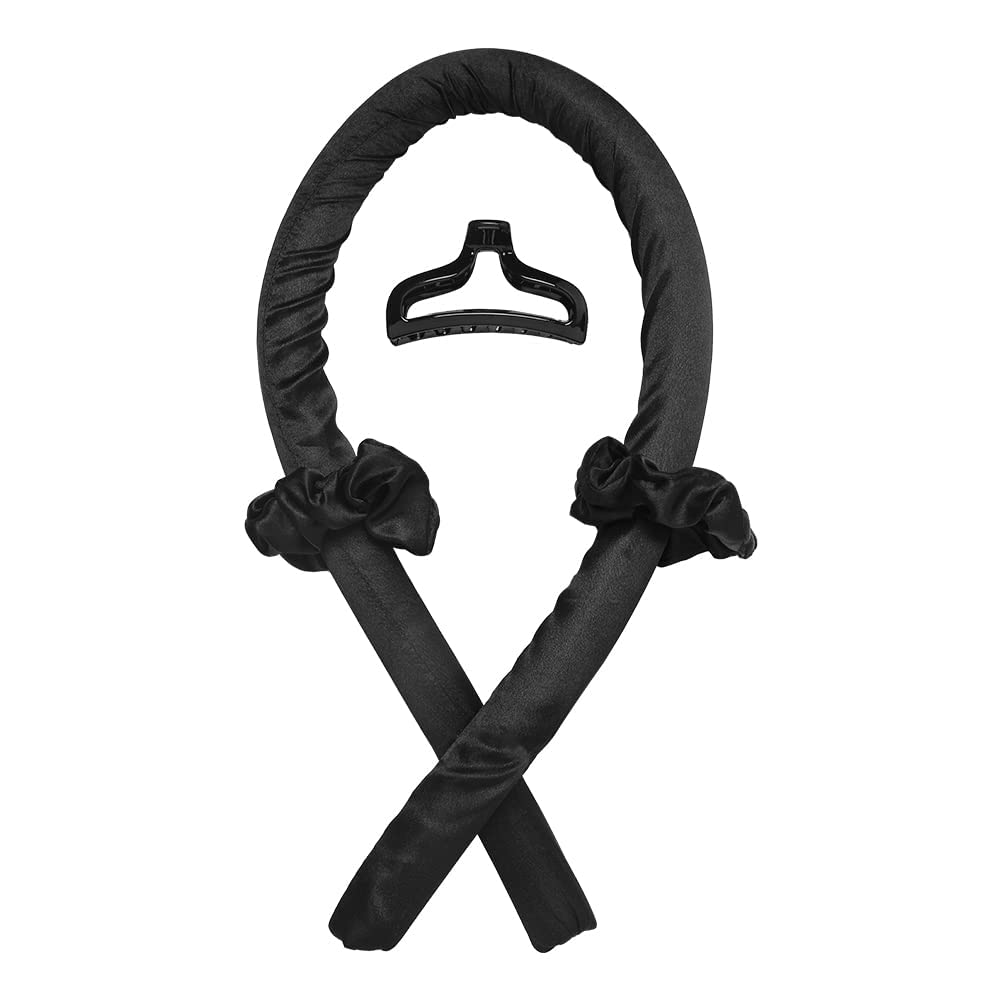 Heatless Curling Rod Headband No Heat Silk Ribbon Curling Rod Hair Roller Curls with Hair Claw Clip Lazy Natural Soft Wave DIY Hair Rollers Styling Tool for Sleep in Overnight (Black) (Black)