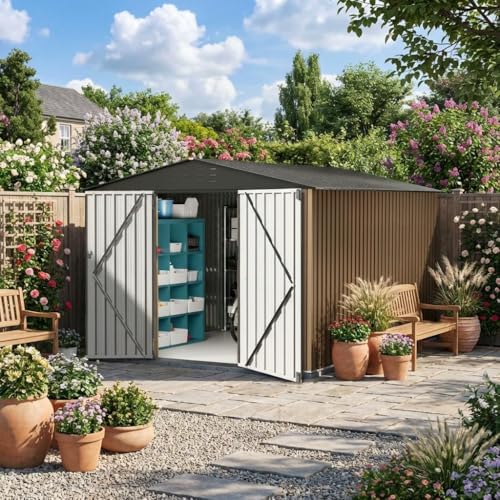 GarveeLife Large Outdoor Metal Storage Shed, 10x10 ft Metal Shed with Lockable Doors, Large Garden Tool Shed with Sturdy Frame Structure, for Backyard