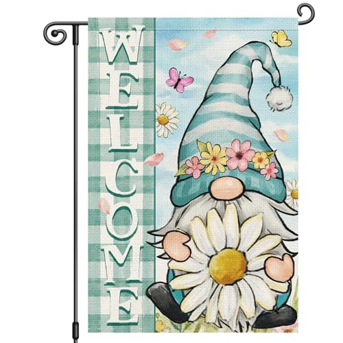 Louise Maelys Spring Welcome Garden Flag Floral Gnome Daisy Plaid Double Sided 12x18 Inch Summer Seasonal Butterfly Small Burlap Holiday Yard Sign Outdoor Outside Home Decor
