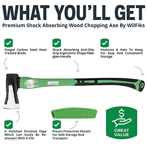 WilFiks Splitting Axe, 26” Camping Hatchet for Chopping and Kindling Wood and Branches, Forged Carbon Steel Hand Maul Tool for Gardening, Fiberglass Shock Reduction Handle with Anti-Slip Grip