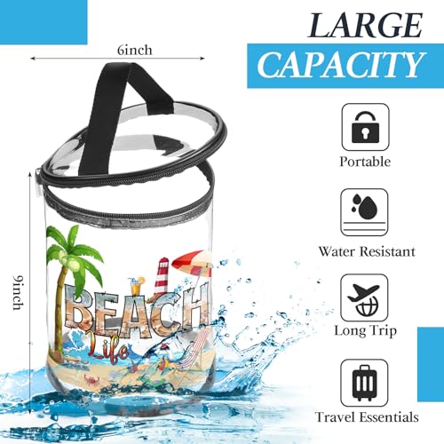 Beach Gifts Heavy Duty Clear Lotion Toiletry Bags for Travel Sunscreen Makeup Cosmetic Pouch Cylinder Bag Waterproof Portable Trip Bag with Handle Zipper(Beach Life)3