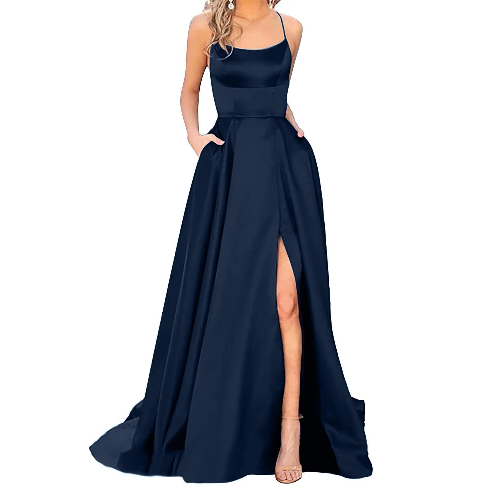 Damen Spaghetti Straps Satin Prom Dresses A-Linie Seitenschlitz Ballkleider Hochzeit Abendparty Kleid mit Taschen