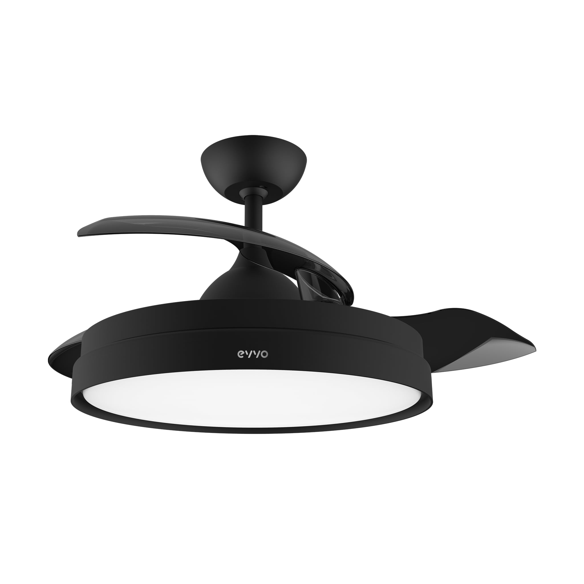 EVVO Ventilador de Techo con Aspas Rectráctiles y Luz, Ø107cm, 3 Aspas, Motor DC 40W, 6 Velocidades, Temporizador hasta 4h, Función Invierno-Verano, Protección IP44 (Negro)