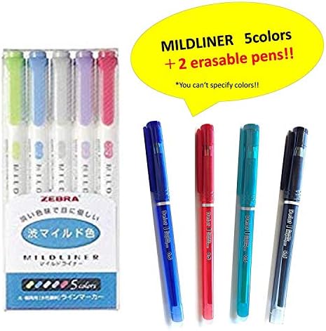 Zebra MILDLINER WKT7-5-NC(5-Color Set) + Delat Erasable Gel Ink Ballpoint Pen 0.5mm 2 random colors (Black,Red, Blue or Green)