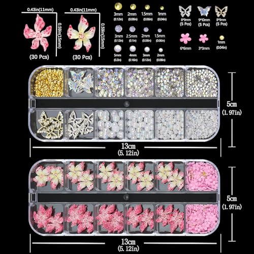 SEMATA Pink 3D Flower Nail Art Charms Mixed Size Nail Gems Diamond Flatback Nails Pearls Rhinestones Gold Silver Butterfly Nails Art Accessories Decoration Design for Women — view 6