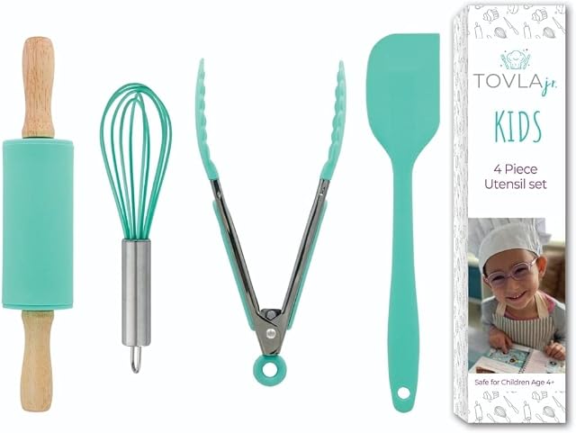 Tovla Jr. Kids Cooking Utensils Set - 4-Piece Kids Kitchen Tools - Safe Kids Baking Set - Food Grade Toddler Chef Supplies - Gender Neutral Silicone Cookware Kit with Spatula Whisk Tongs Rolling Pin