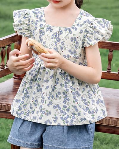 Girls Summer Short Sleeve Tops Cute Ruffle Square Neck Peplum Shirts Casual Cotton Smocked Blouse 2-12 Y2