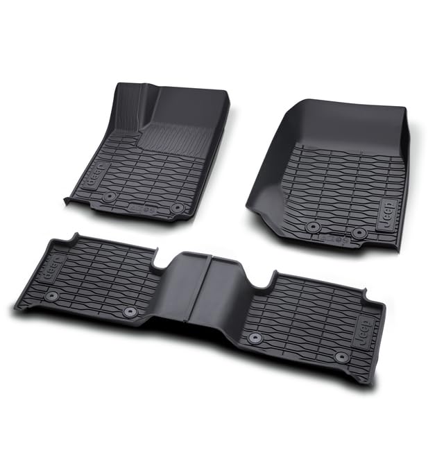 All-Weather Black Rubber Floor Mats with Jeep Logo for Jeep Grand Cherokee (two-row, WL version), Non-PHEV, Left-Hand Drive 82216590AA