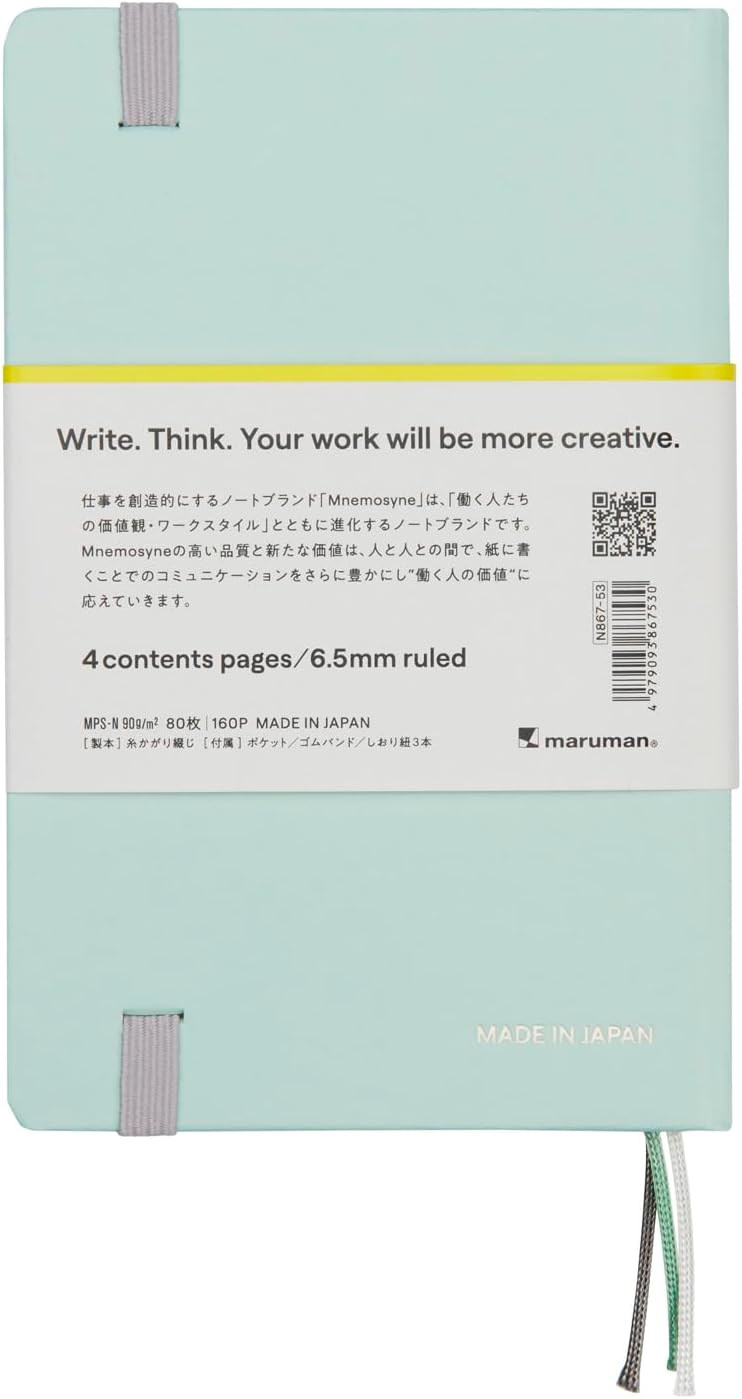 Maruman Mnemosyne Lined Journal- A6, 5.71" x 3.74", 80 Sheets / 160 Pages, 6.5mm Narrow Ruled Notebook, Book-bound With Premium Mint Green Hardcover, Includes Bookmark & Elastic Closure, Made in Japan