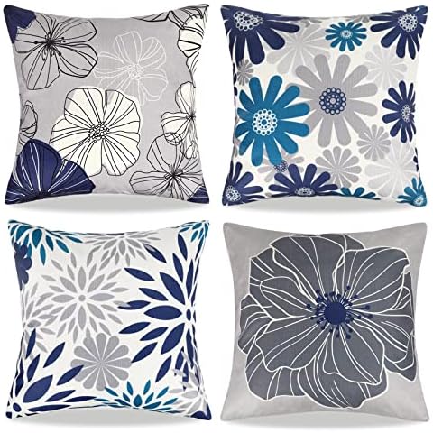 Cushion Cover 40 x 40 cm Sofa Cushion Dahlia Flowers Decorative Cushion Blue Modern Abstract Square Linen Decorative Cushion Cover Autumn Outdoor Cushion Covers for Sofa Bedroom Living Room Car Cover